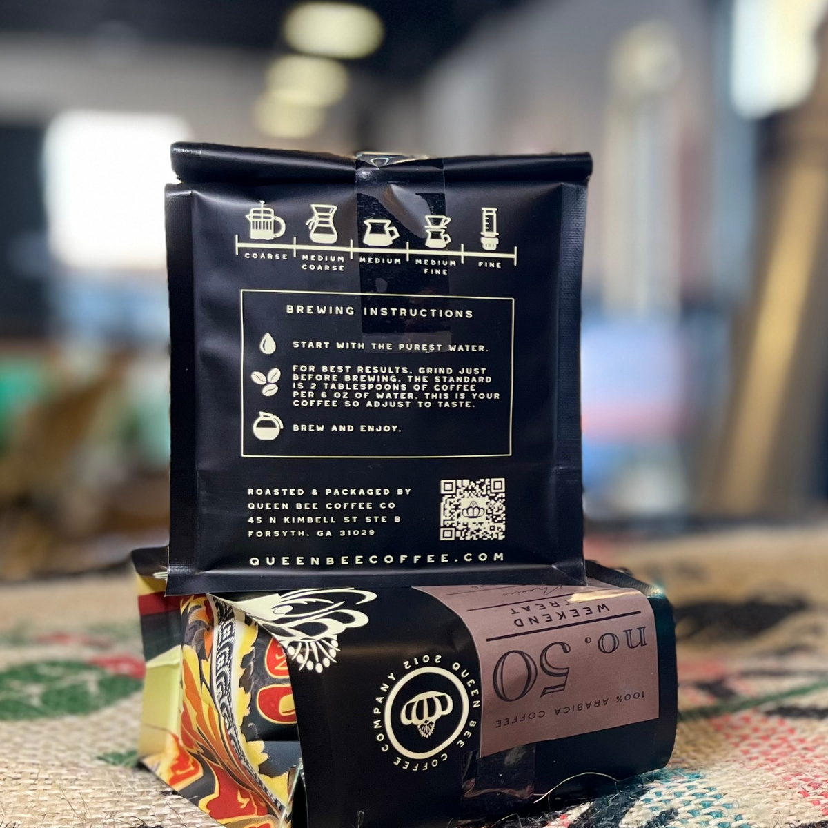 Back of S'mores Coffee bag with Queen Bee Coffee label and product details