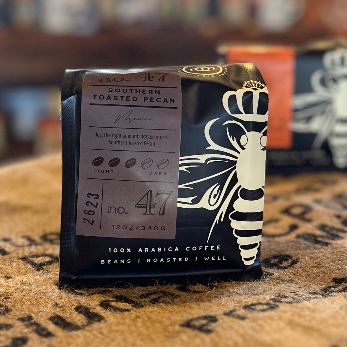 Southern Toasted Pecan Coffee bag front view from Queen Bee Coffee