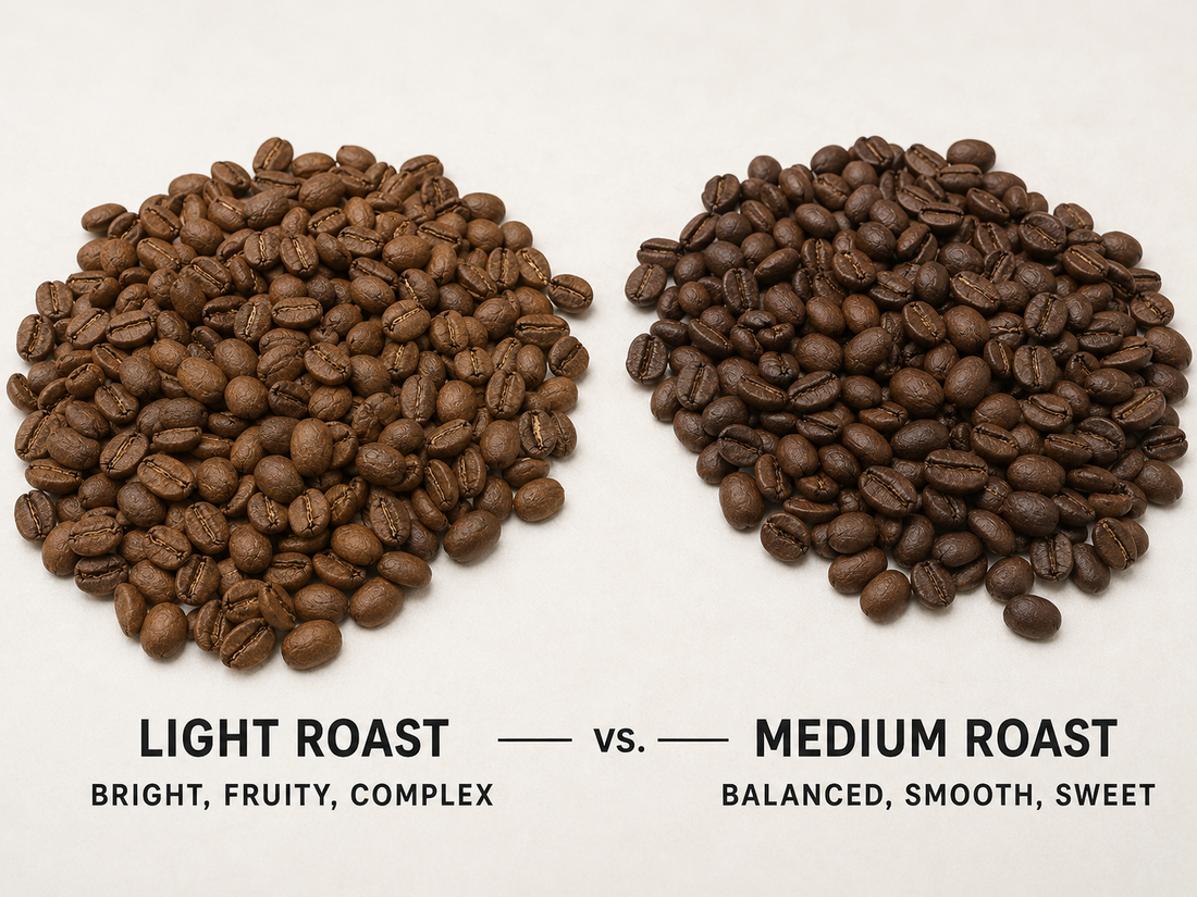 Light roast and medium roast Queen Bee Coffee beans side by side