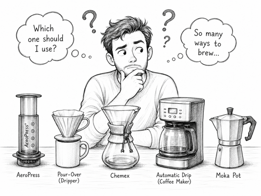 Person deciding between whole bean and ground Queen Bee Coffee for home brewing