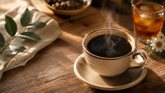 Fresh cup of Queen Bee Coffee with whole bean coffee