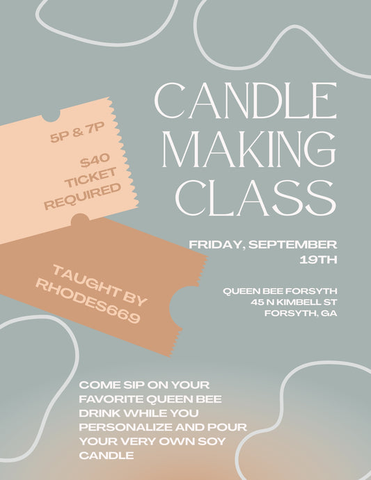 Advertisement for a candle making class with tickets and event details on a gray background