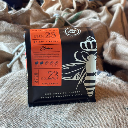 Bright Canopy coffee from Ethiopia on burlap background